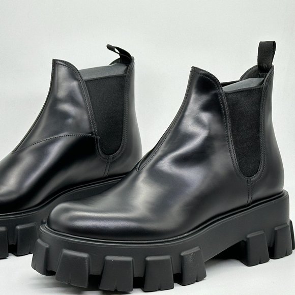 PRADA Monolith Brushed Leather Lug Sole Pull On Chelsea Ankle Boots Black - Picture 10 of 15